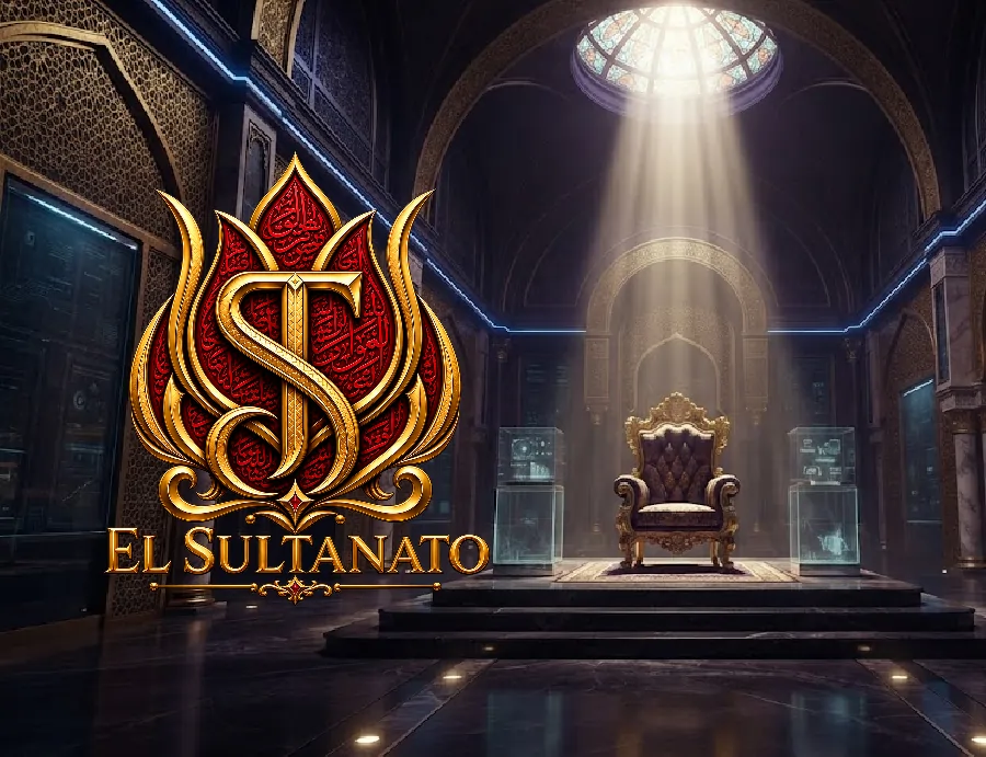Trono dorado vacío en un palacio árabe moderno iluminado con luces de set de televisión para el reality El Sultanato.